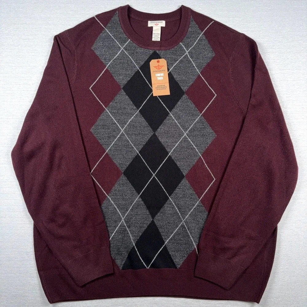 Dockers Sweater Mens 2XLT Burgundy Acrylic Long Sleeve Argyle Crew Neck NEW